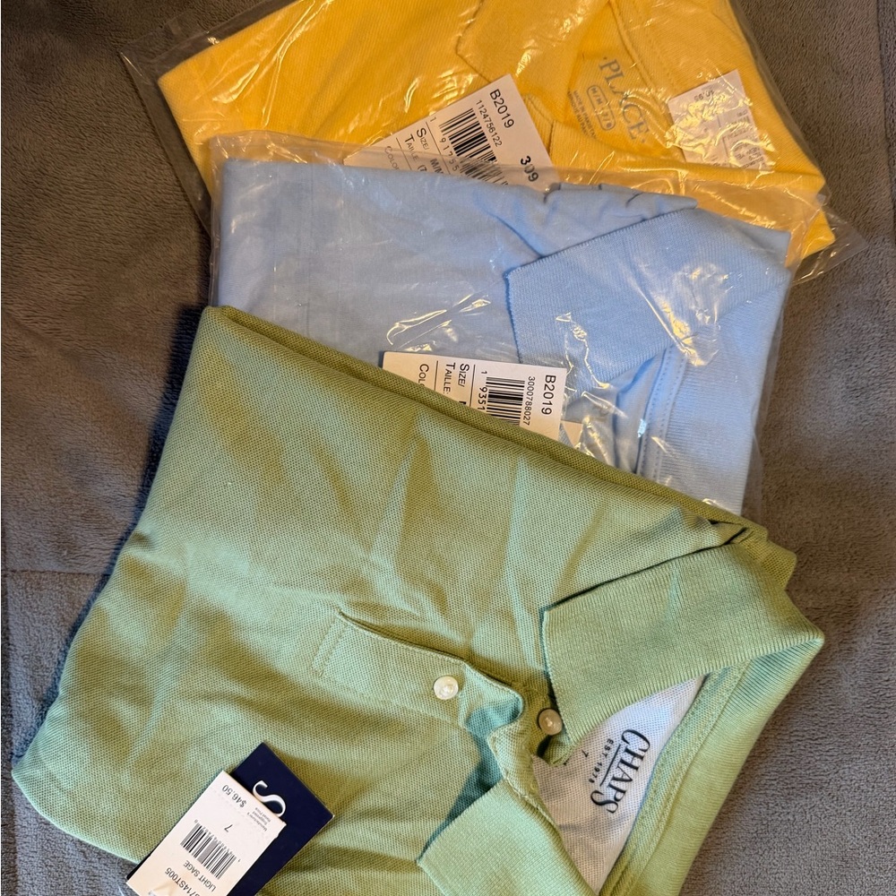 Boys size 7 Polo Shirt Trio in Green, Blue, and Yellow. Brand new with tags.